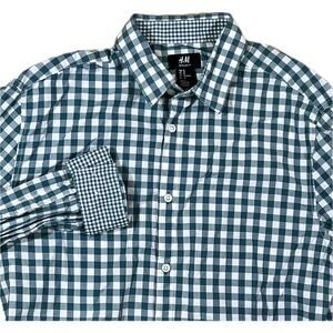 H&M Teal Green & White Gingham Check Long Sleeve Button Down Shirt Mens Medium